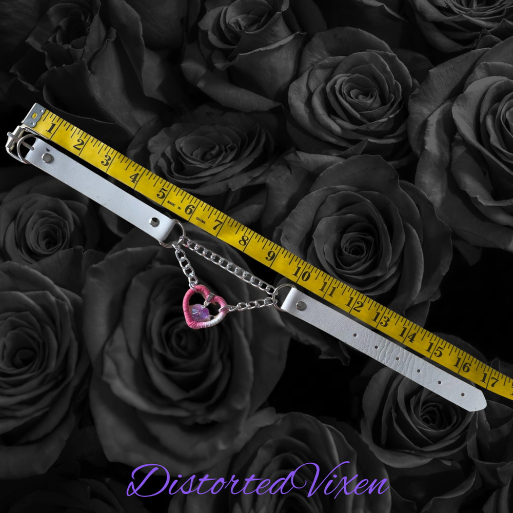 Pink & White Heart Choker Wrapped Fiber Heart with Crystal Charm - Picture 9 of 9